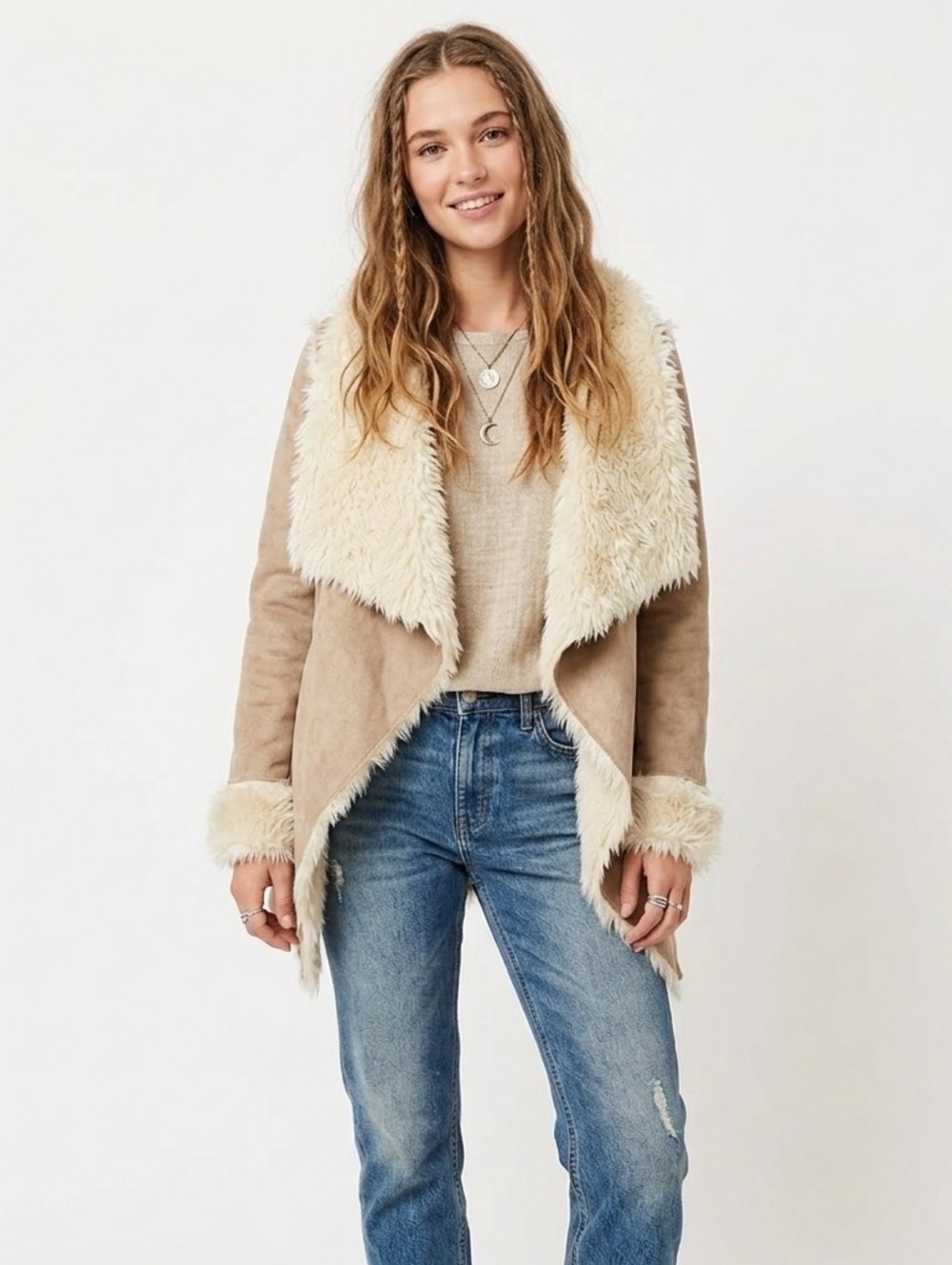 UNIF Chelsea Beige Cream Faux Shearling Jacket - XS